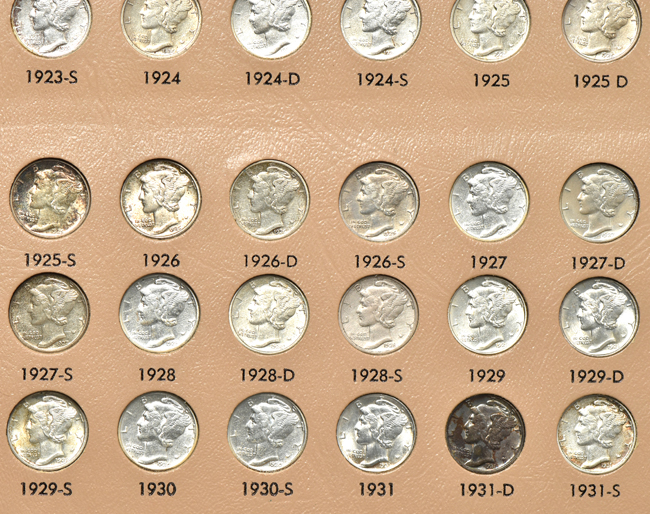 Collection of eighty different Mercury dimes in a Dansco 7123 album