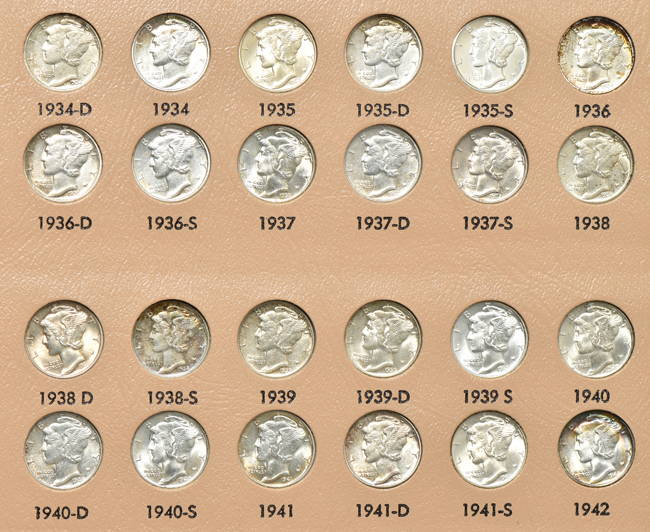 Collection of eighty different Mercury dimes in a Dansco 7123 album