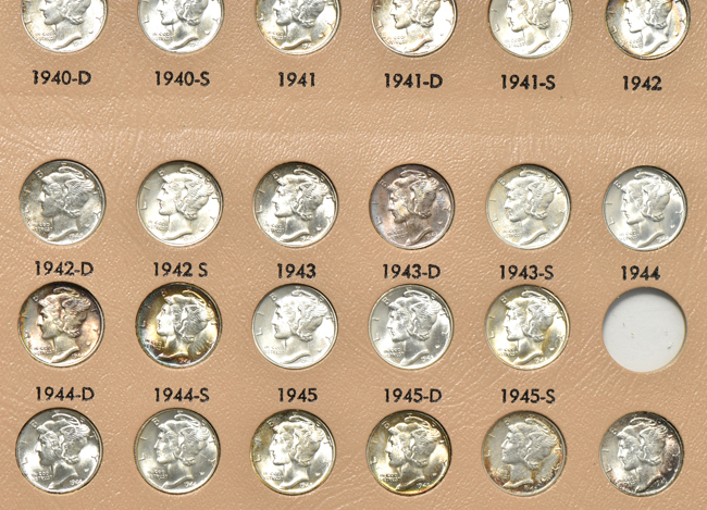 Collection of eighty different Mercury dimes in a Dansco 7123 album
