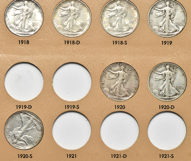 Collection of fifty-five different Walking Liberty half-dollars in a Dansco 7160 album