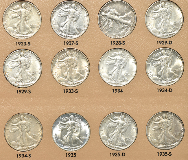 Collection of fifty-five different Walking Liberty half-dollars in a Dansco 7160 album