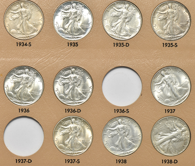 Collection of fifty-five different Walking Liberty half-dollars in a Dansco 7160 album