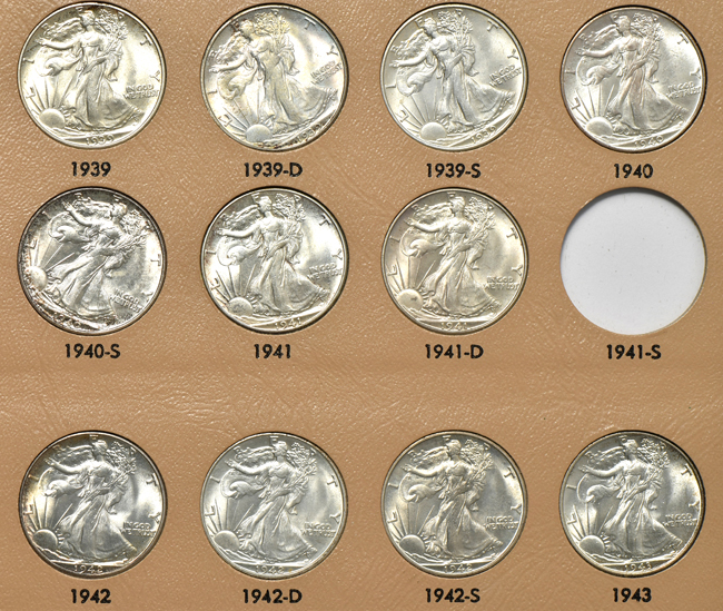 Collection of fifty-five different Walking Liberty half-dollars in a Dansco 7160 album