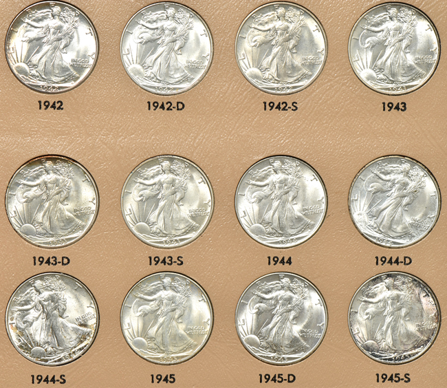 Collection of fifty-five different Walking Liberty half-dollars in a Dansco 7160 album