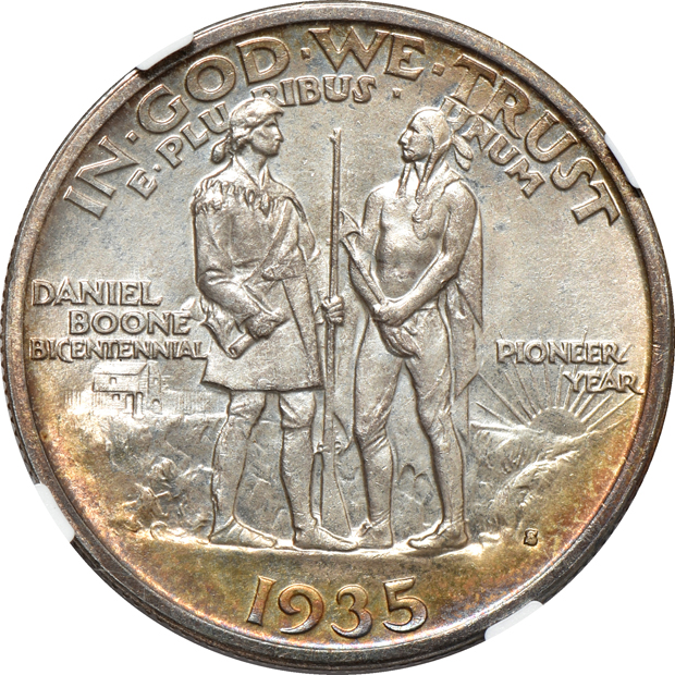 1883 Arrows and Rays Liberty Seated quarter AU-53, 1928-D Standing Liberty quarter MS-62, and a 1935-S Boone silver commemorative half-dollar MS-65, all NGC