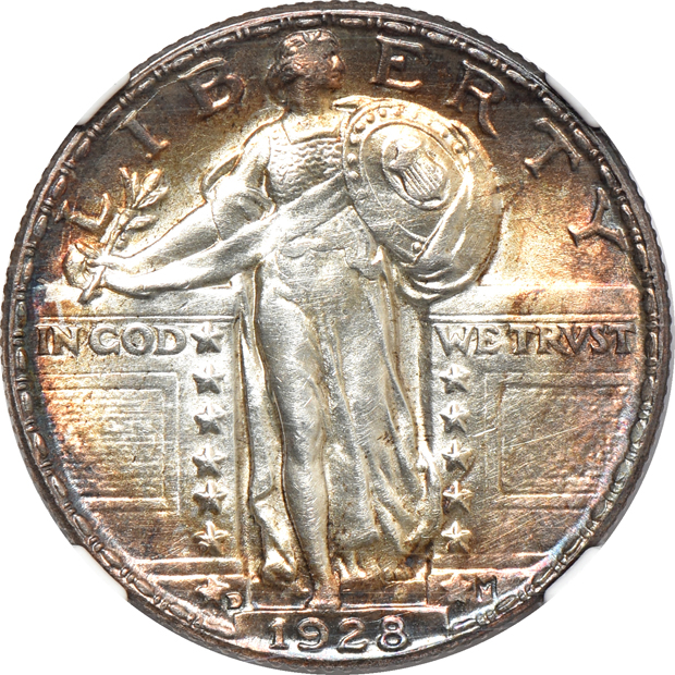1883 Arrows and Rays Liberty Seated quarter AU-53, 1928-D Standing Liberty quarter MS-62, and a 1935-S Boone silver commemorative half-dollar MS-65, all NGC