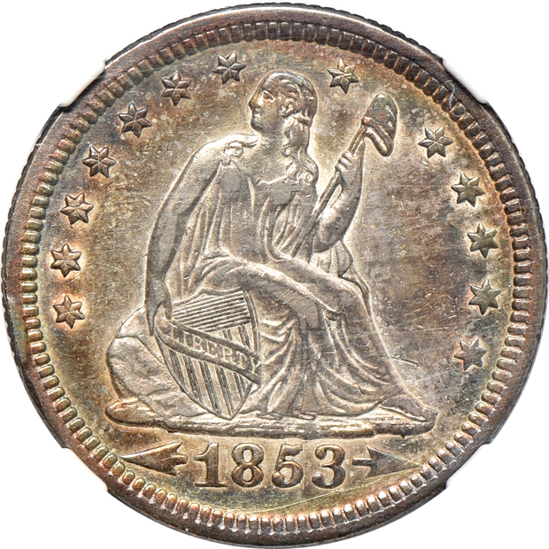 1883 Arrows and Rays Liberty Seated quarter AU-53, 1928-D Standing Liberty quarter MS-62, and a 1935-S Boone silver commemorative half-dollar MS-65, all NGC