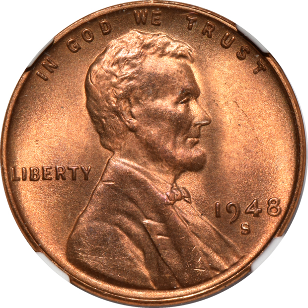 Seven Lincoln cents certified MS-67 RD by NGC