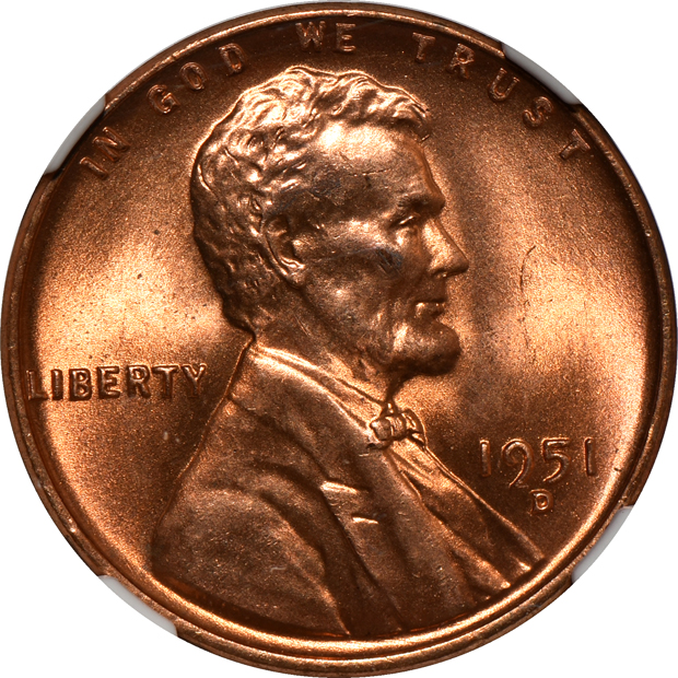 Seven Lincoln cents certified MS-67 RD by NGC