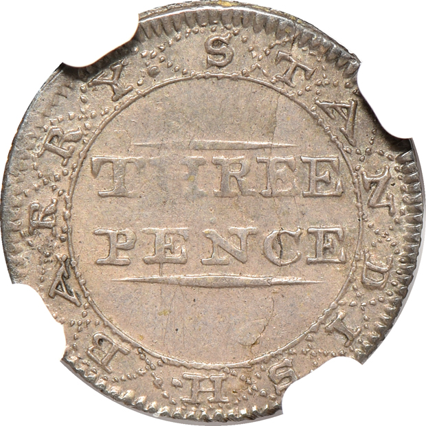 1790 Standish Barry Baltimore threepence NGC MS-64 CAC