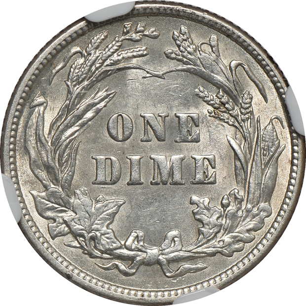 1916 Barber dime AU-58, 1938-S Mercury dime MS-67 FB, and a 1944 Mercury dime MS-67 FB, all NGC