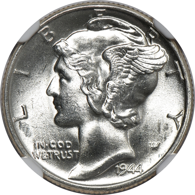 1916 Barber dime AU-58, 1938-S Mercury dime MS-67 FB, and a 1944 Mercury dime MS-67 FB, all NGC