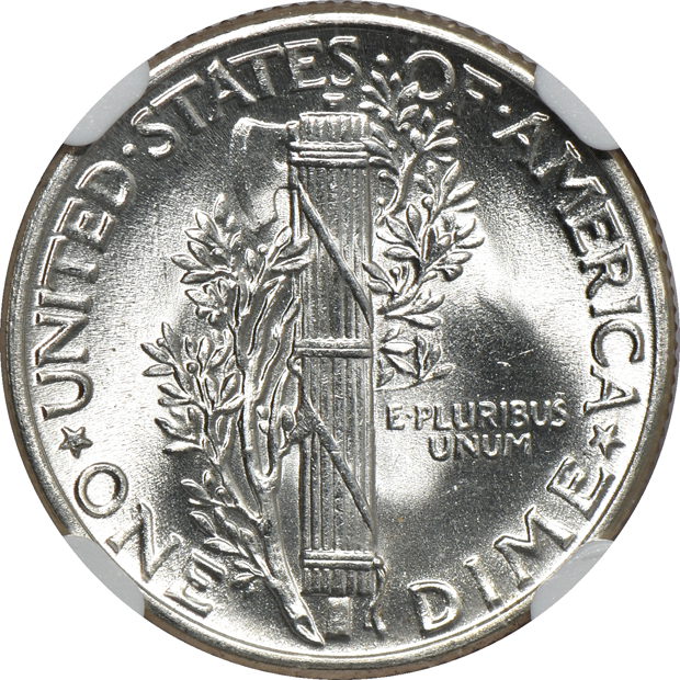 1916 Barber dime AU-58, 1938-S Mercury dime MS-67 FB, and a 1944 Mercury dime MS-67 FB, all NGC
