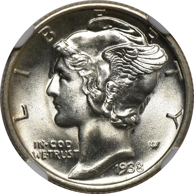 1916 Barber dime AU-58, 1938-S Mercury dime MS-67 FB, and a 1944 Mercury dime MS-67 FB, all NGC