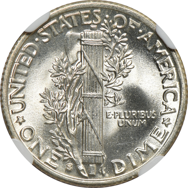 1916 Barber dime AU-58, 1938-S Mercury dime MS-67 FB, and a 1944 Mercury dime MS-67 FB, all NGC