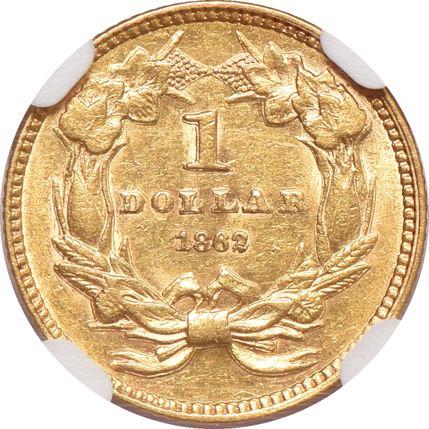 1862 $1 gold piece NGC AU-58, 1936 Cleveland silver commemorative half-dollar PCGS MS-65 (green label), and a 1936 York PCGS MS-66