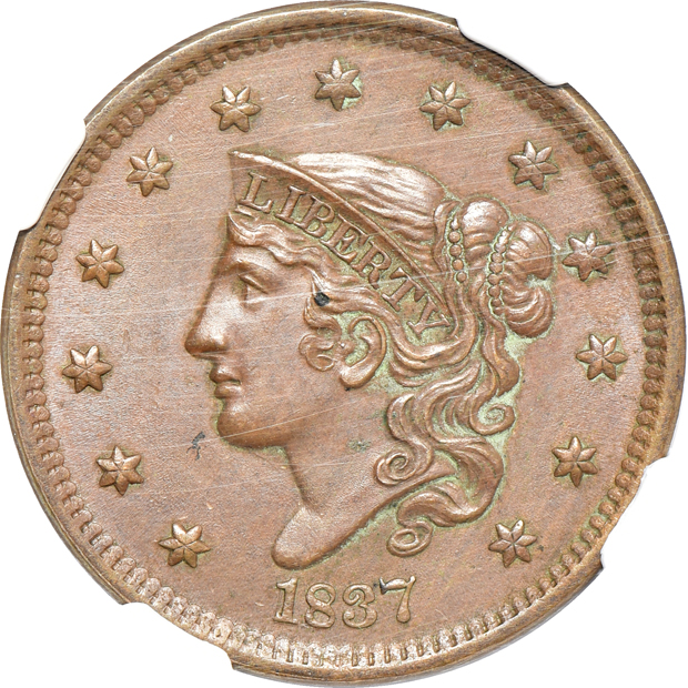 1806 Draped Bust half-dollar Fine details/cleaned, and an 1837 large cent MS-61 BN, both NGC