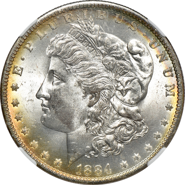 1884-O Morgan silver dollar NGC MS-66, 1893 Morgan silver dollar NGC XF-45, and a 1986 Proof Silver Eagle PCGS PR70DCAM