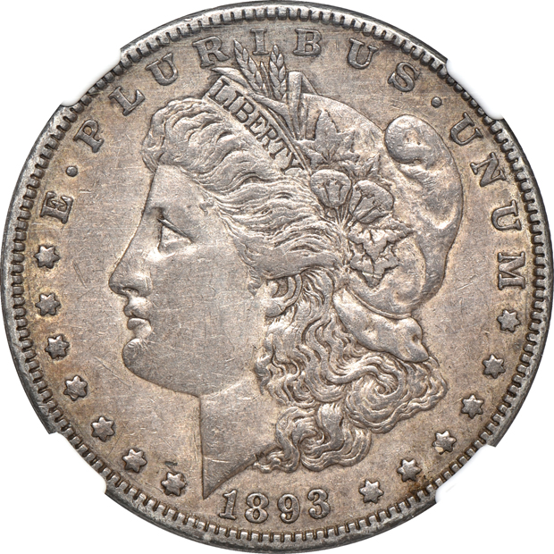 1884-O Morgan silver dollar NGC MS-66, 1893 Morgan silver dollar NGC XF-45, and a 1986 Proof Silver Eagle PCGS PR70DCAM