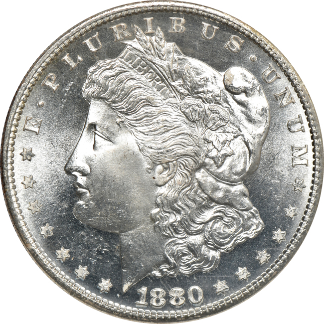 Four Morgan silver dollars, all NGC MS-66 CAC
