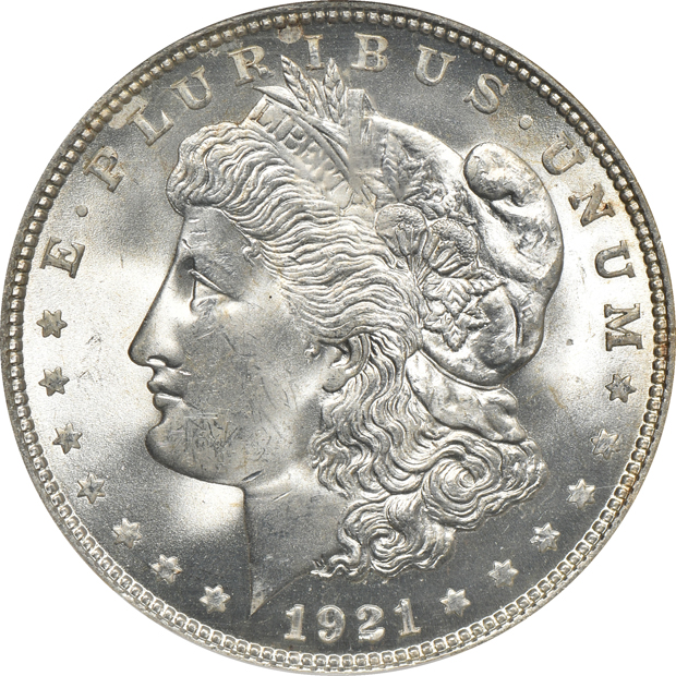 1921 Morgan silver dollar MS-66, and a 1924 Peace silver dollar VAM-1A Bar "D" MS-65 CAC, both NGC