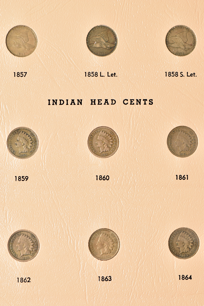 Complete collection of Indian Head cents, plus three Flying Eagle cents, in a Dansco 7101 album