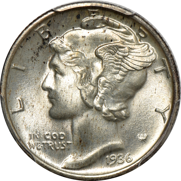Four Mercury dimes and two Roosevelt dimes, all PCGS