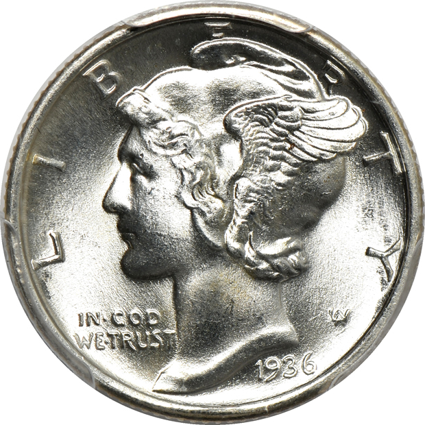 Four Mercury dimes and two Roosevelt dimes, all PCGS