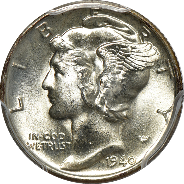 Four Mercury dimes and two Roosevelt dimes, all PCGS