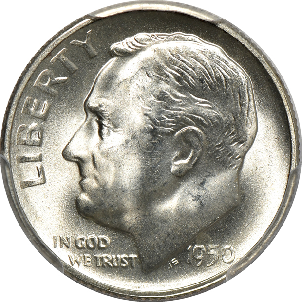 Four Mercury dimes and two Roosevelt dimes, all PCGS