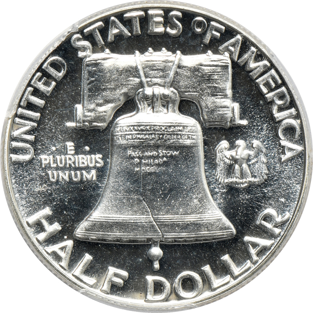 Four Proof Franklin half dollars, and a 1964 Accented Hair Proof Kennedy half-dollar, all PCGS