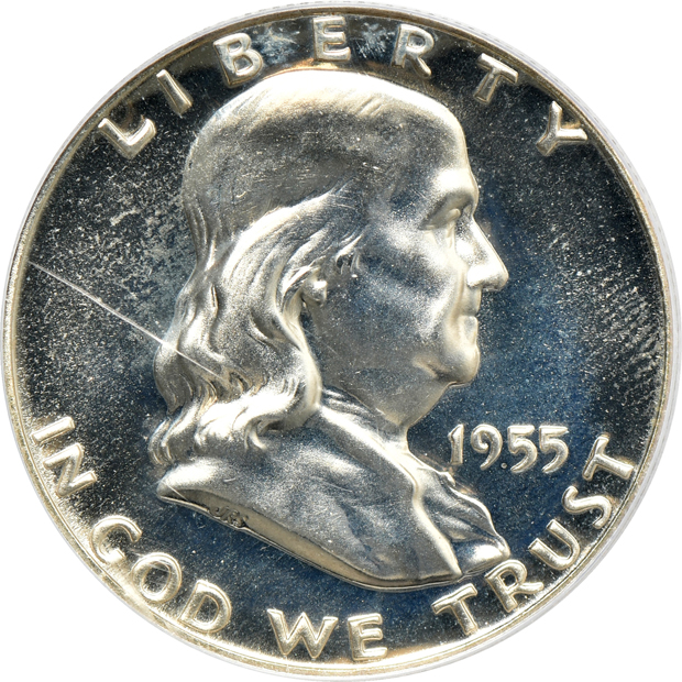 Four Proof Franklin half dollars, and a 1964 Accented Hair Proof Kennedy half-dollar, all PCGS