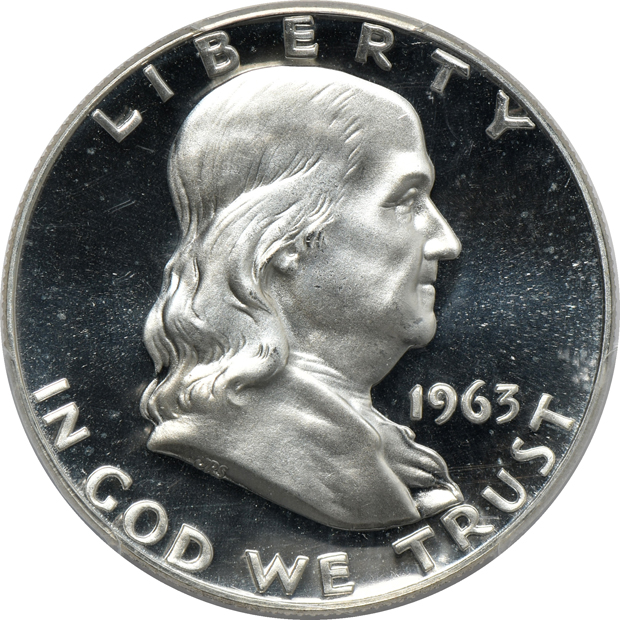 Four Proof Franklin half dollars, and a 1964 Accented Hair Proof Kennedy half-dollar, all PCGS