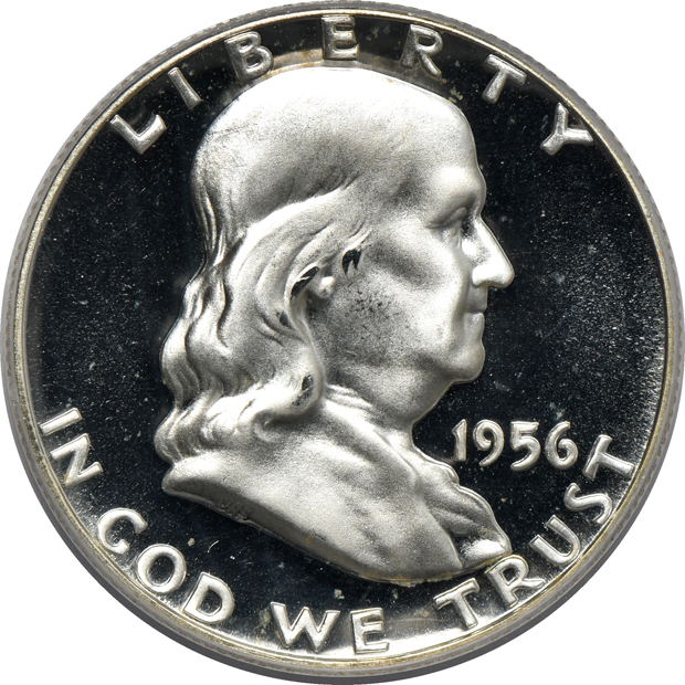 Four Proof Franklin half dollars, and a 1964 Accented Hair Proof Kennedy half-dollar, all PCGS