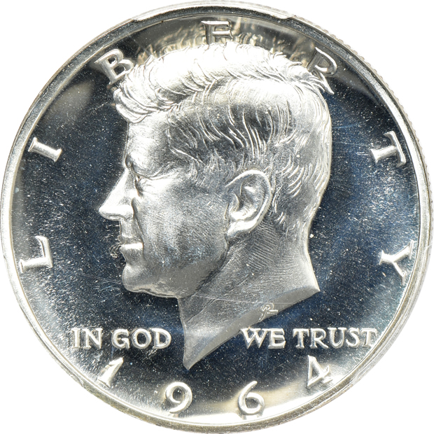 Four Proof Franklin half dollars, and a 1964 Accented Hair Proof Kennedy half-dollar, all PCGS