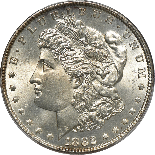 Seven Morgan silver dollars, eight Eisenhower dollars, and a 2005-W Proof silver eagle, all PCGS