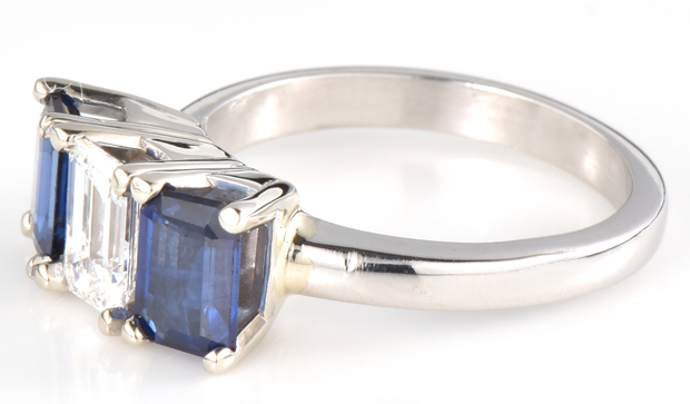 Platinum Diamond and Sapphire Ring with a .51 Carat Emerald Cut Diamond, GIA #5192592258