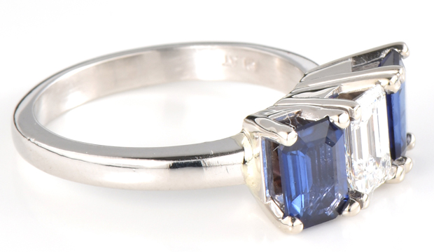 Platinum Diamond and Sapphire Ring with a .51 Carat Emerald Cut Diamond, GIA #5192592258