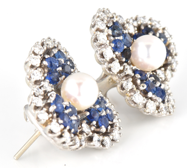 14K White Gold Diamond, Sapphire and Pearl Earrings