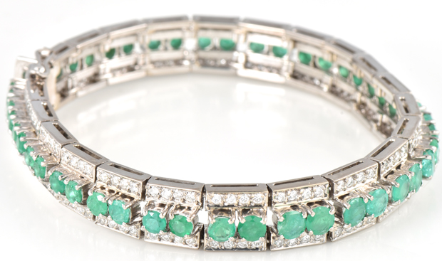 14K White Gold Diamond and Emerald Bracelet