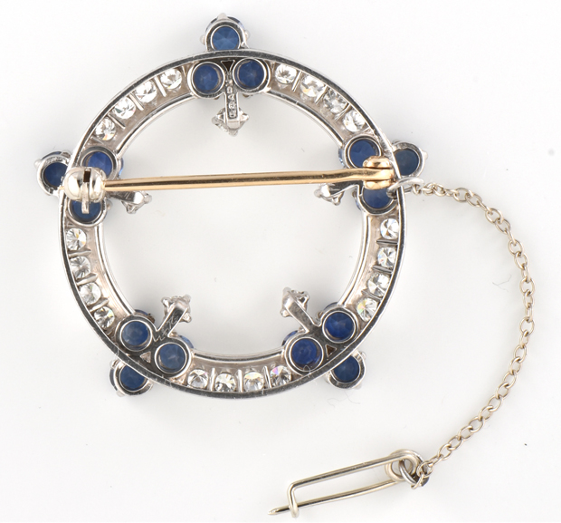 14K White Gold Diamond and Sapphire Pin