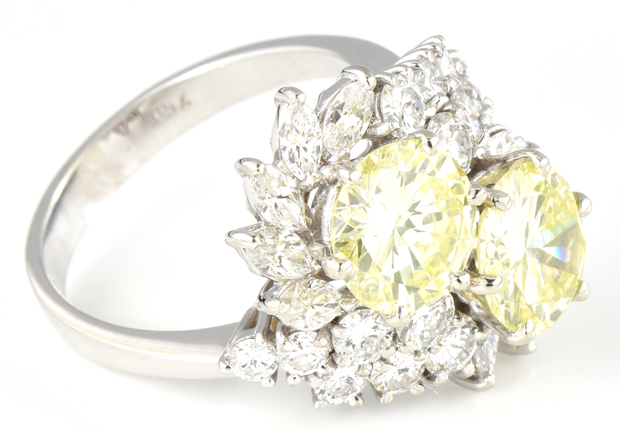 18K White Gold Diamond Ring with a 1.44 Carat Fancy Yellow Round, GIA #5201474574 and a 1.54 Carat Fancy Light Yellow Round, GIA #2205474676