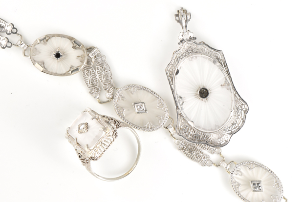 14K White Gold Camphor Glass Jewelry Set
