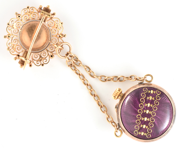 14K Yellow Gold Ladies Enamel Lapel Watch Pin