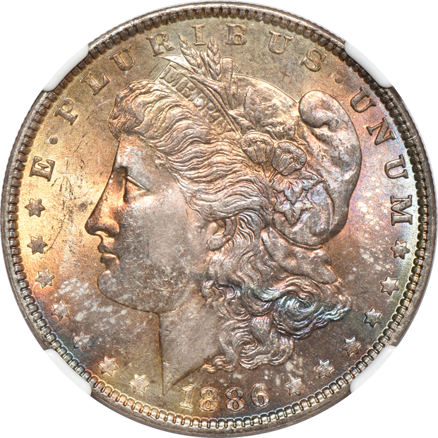 1886 MS-64, 1886 MS-65, and an 1887 MS-63, all NGC