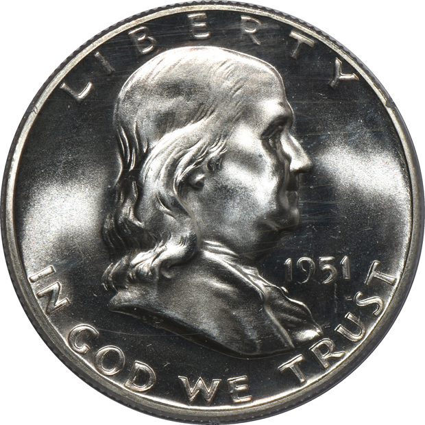 1937-D Buffalo nickel MS-64, 1942 Mercury dime PR-64, and a 1951 Franklin half-dollar PR-65, all PCGS (rattler) GOLD CAC