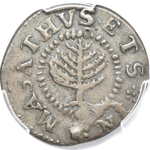 1652 Small Planchet Pine Tree Shilling PCGS XF details/damage