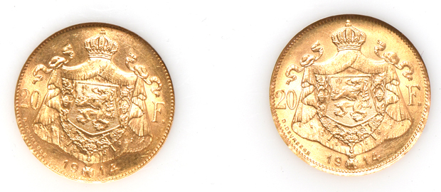 Belgium - 1914 Flemish and 1914 French 20 francs in a Capital Plastics holder