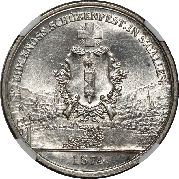 Switzerland - 1874 St. Gallen Festival 5 francs MS-63, and an 1859 Zurich Festival 5 francs MS-62, both NGC
