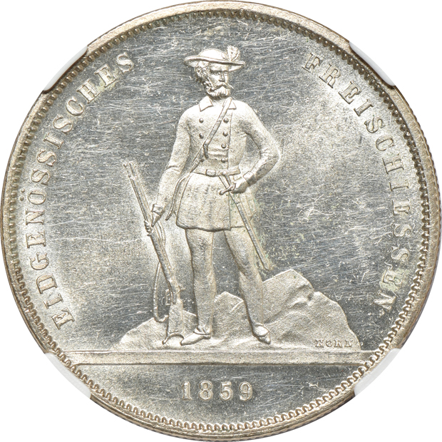 Switzerland - 1874 St. Gallen Festival 5 francs MS-63, and an 1859 Zurich Festival 5 francs MS-62, both NGC